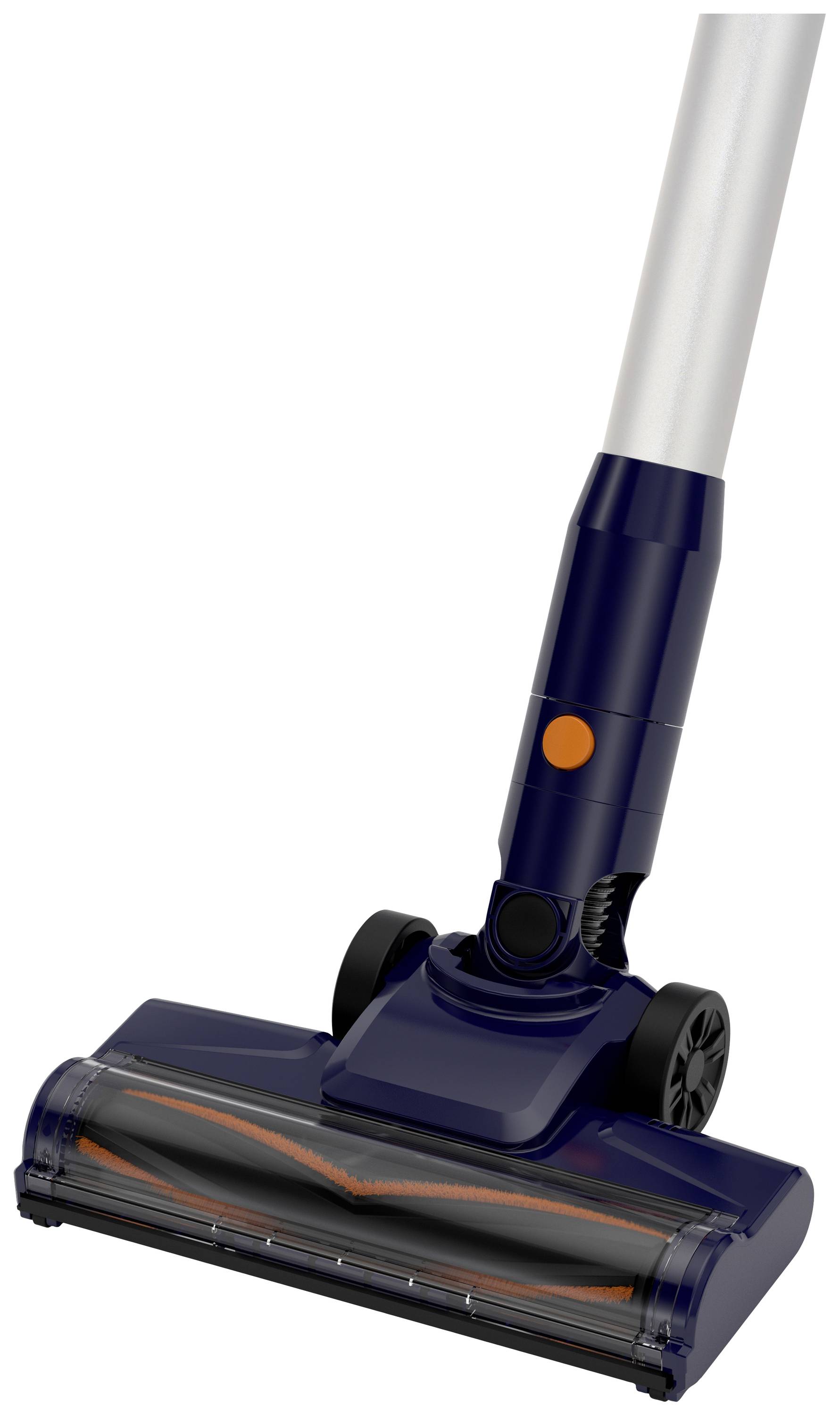 Brosse d'aspirateur avec boîtier bleu et touche orange, adaptée au nettoyage des sols.