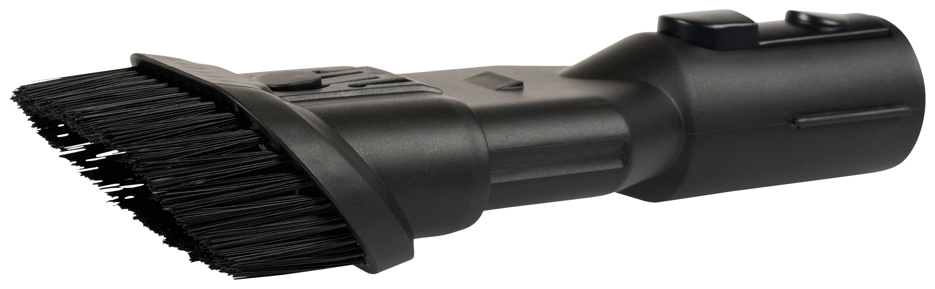 Une brosse d'aspirateur noire avec des poils, adaptée pour nettoyer les endroits difficiles d'accès.