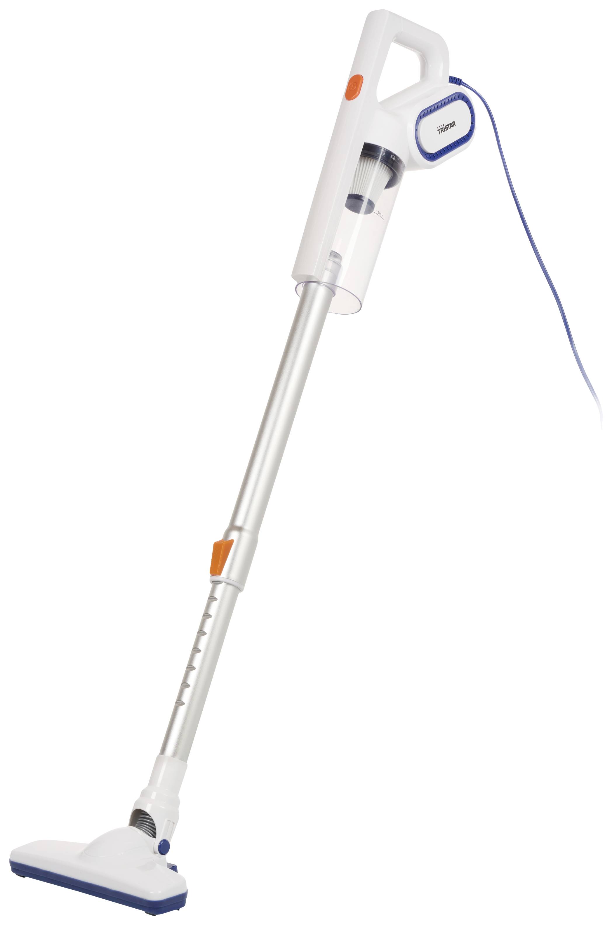 Aspirateur-balai blanc et bleu avec réservoir transparent et longue poignée, adapté pour un nettoyage facile à la maison.