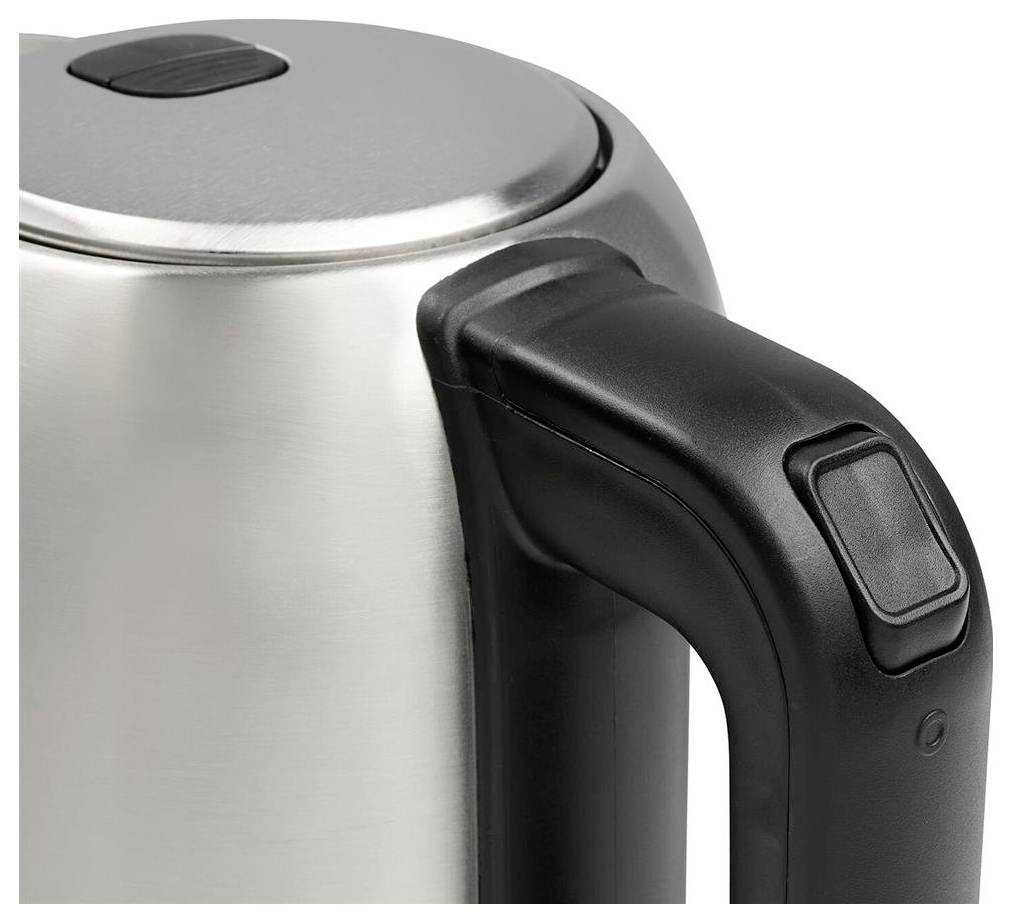 Une bouilloire électrique en acier inoxydable, montrant son couvercle et sa poignée avec un bouton marche-arrêt.