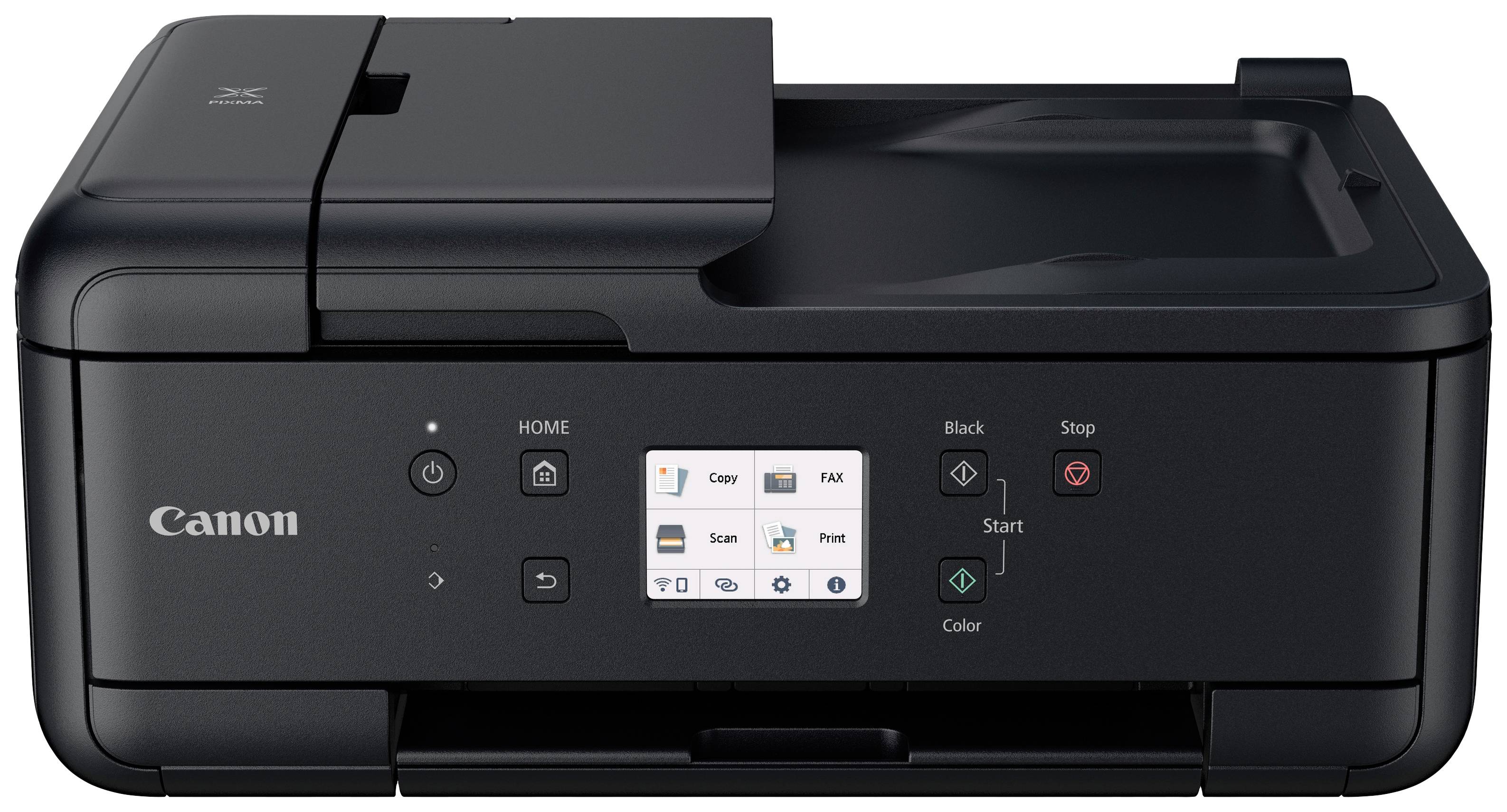 Un imprimante multifonction noir avec un écran tactile affichant des options pour copier, numériser, télécopier et imprimer.