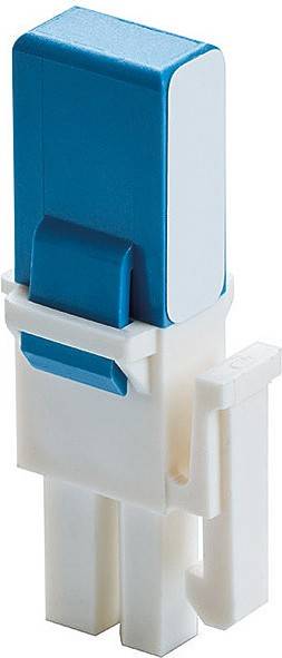 Un interrupteur en plastique bleu et blanc avec un levier rectangulaire verticalement orienté. Convient pour des applications électroniques.