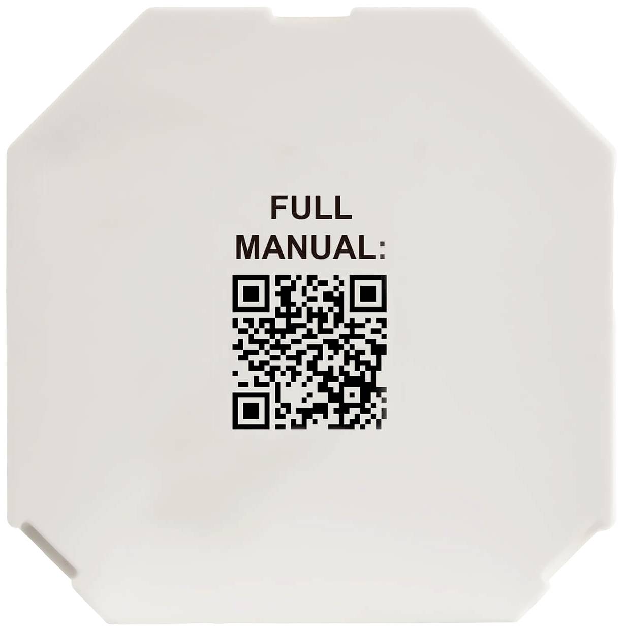 Surface blanche, octogonale, avec un code QR et le texte 'MANUEL COMPLET :' au-dessus. L'arrière-plan est neutre et sobre.