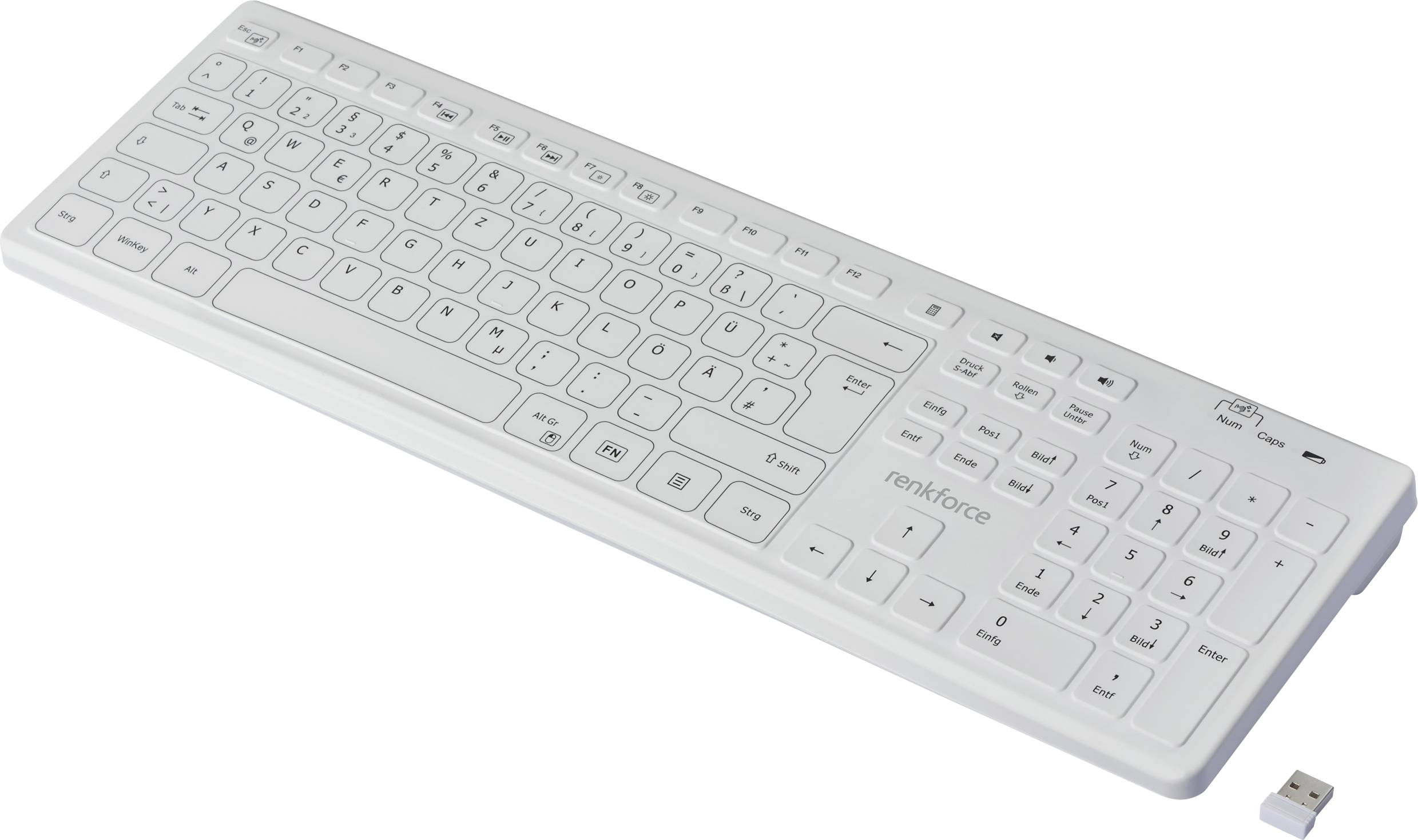 Renkforce RF-WRK-300 sans fil Clavier hygiénique allemand, QWERTZ blanc mat protégé contre les infiltrations d'eau