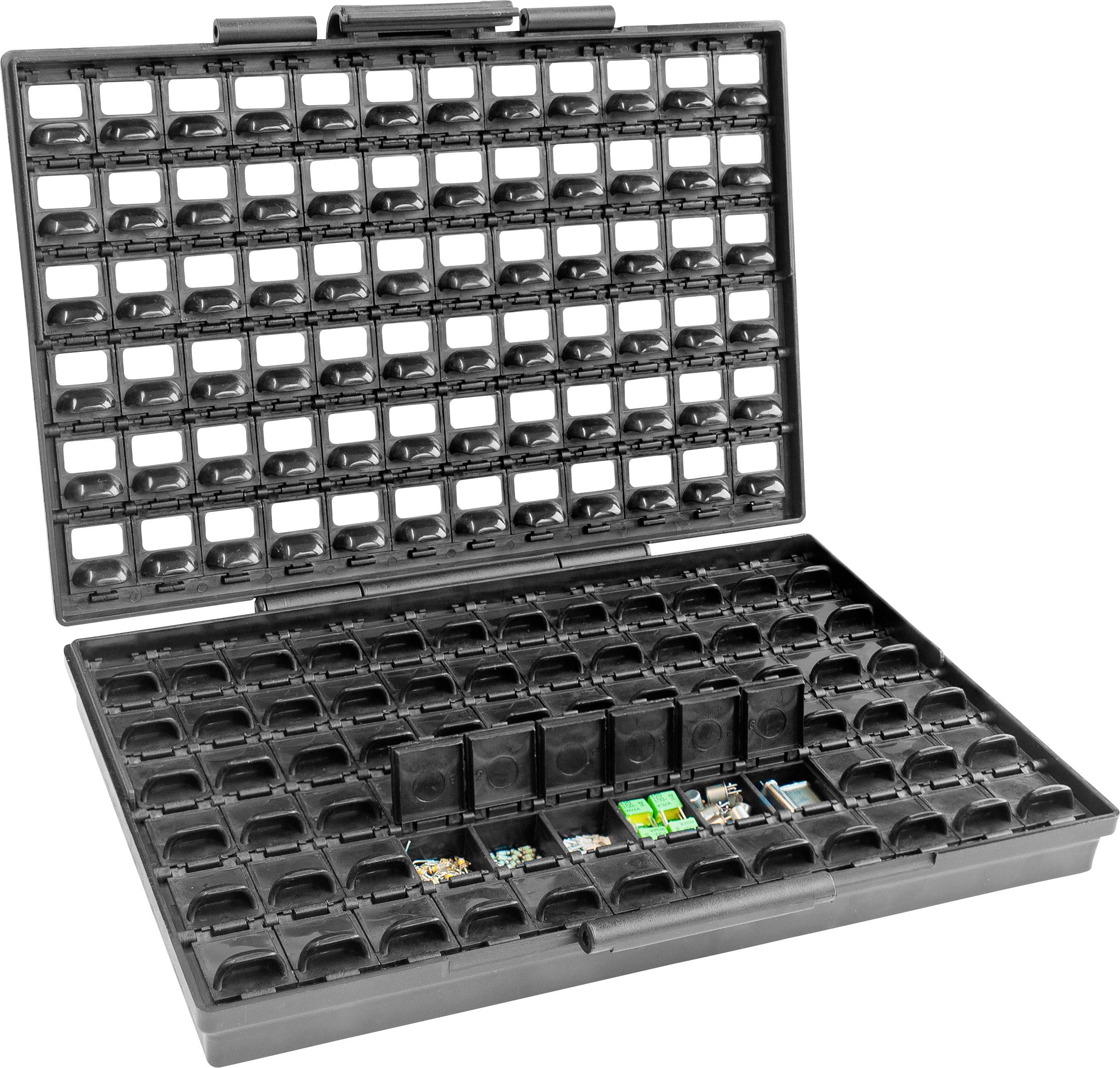 Valise noire ouverte avec des compartiments dans lesquels des composants électroniques sont triés.