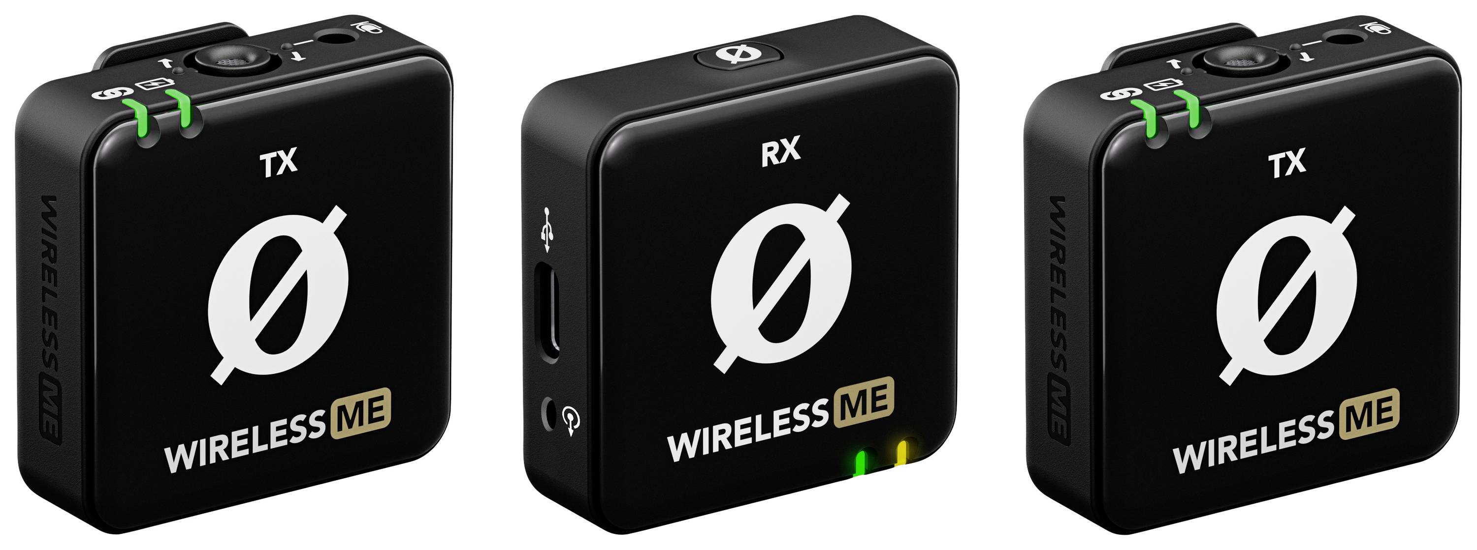 Ensemble de microphones sans fil composé de trois unités, deux marquées 'TX', une marquée 'RX'. Port USB et témoins lumineux visibles.