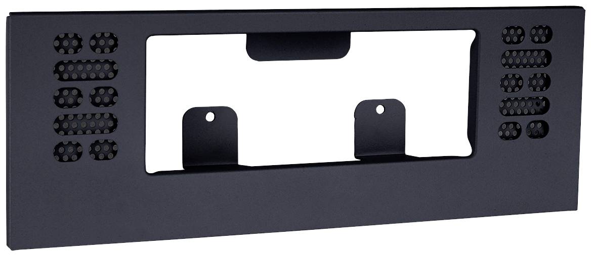 Plaque métallique de montage, rectangulaire avec deux supports internes, des ouvertures pour le passage des câbles et plusieurs fentes de ventilation rectangulaires.