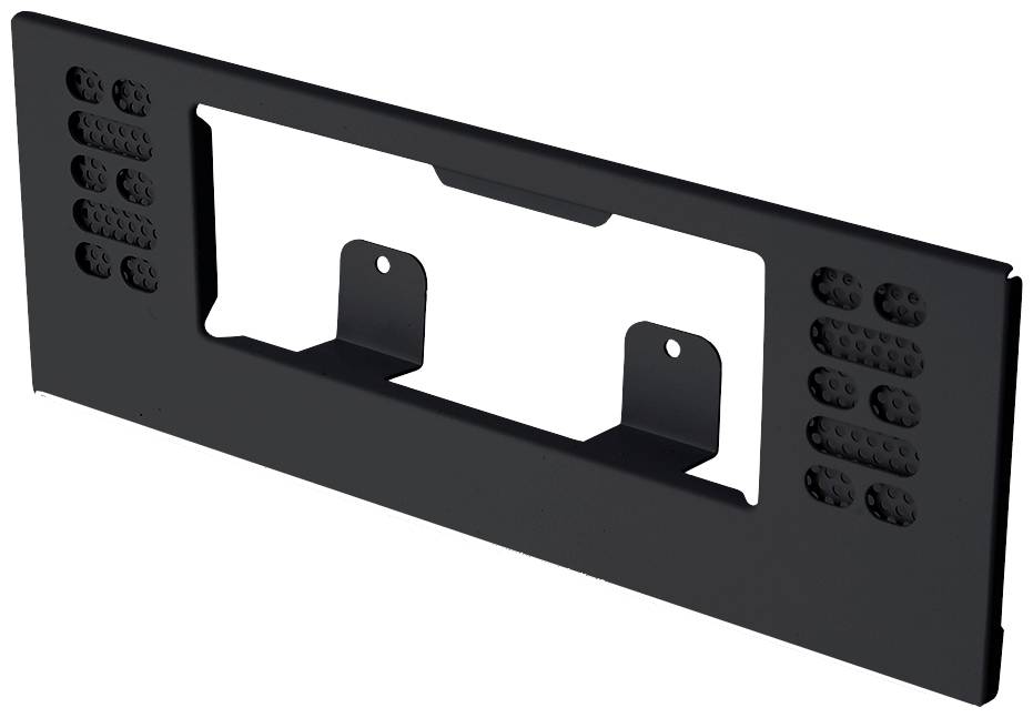 Cadre rectangulaire noir avec des trous et des points de fixation, probablement destiné à être monté sur une surface plane.