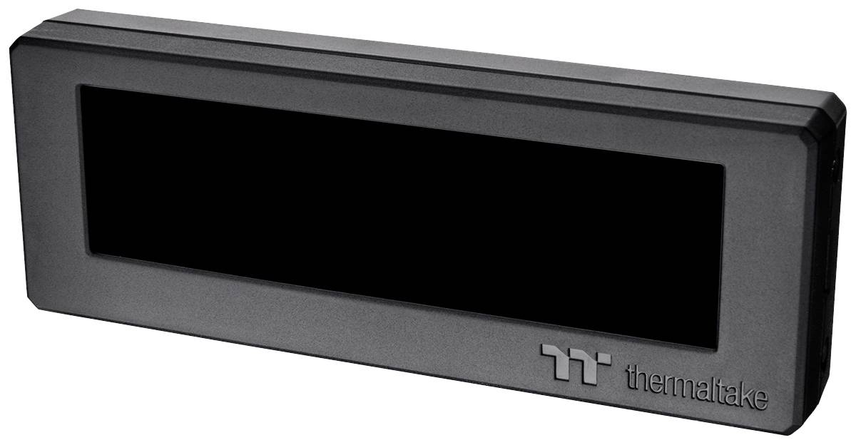 Écran LCD rectangulaire Thermaltake, noir, avec le logo de la marque en bas à droite.