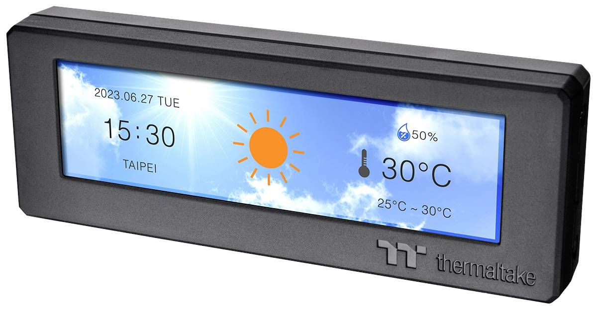 Un affichage électronique montre des informations météorologiques : Date '2023.06.27', Heure '15:30', Lieu 'Taipei', Température '30°C', Symbole de temps ensoleillé.