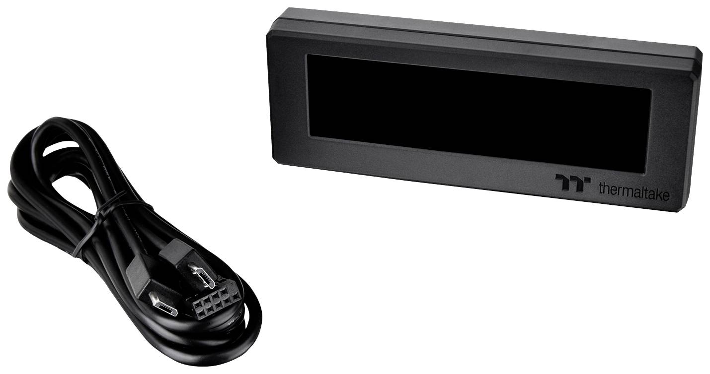 Un écran LCD Thermaltake avec un câble USB à côté. L'écran est rectangulaire et non rétroéclairé.