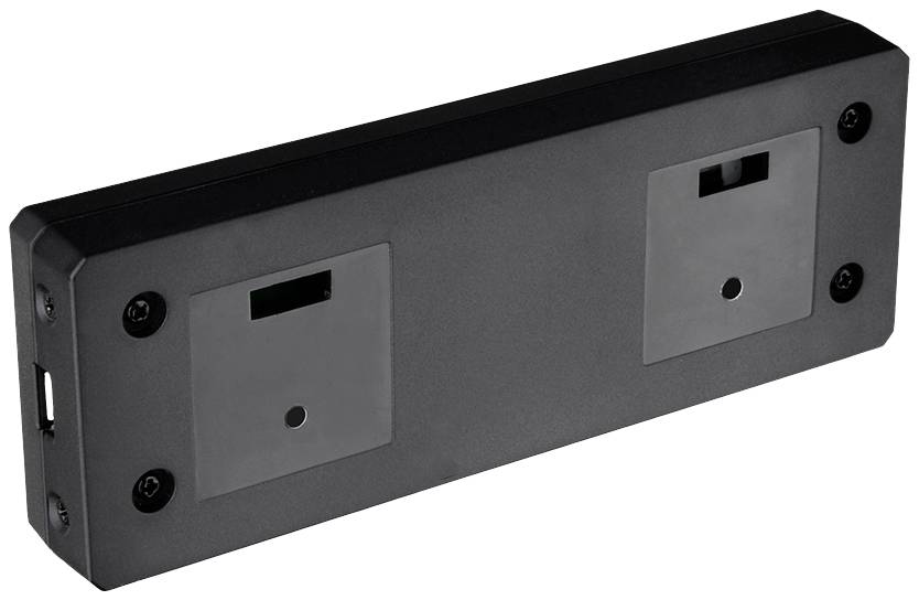Un appareil électronique rectangulaire noir avec deux emplacements et plusieurs vis aux coins.