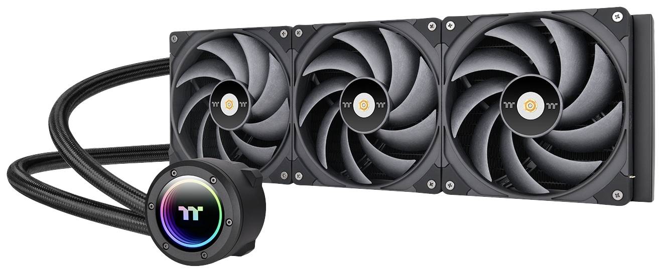 Système de refroidissement à eau avec trois ventilateurs et pompe éclairée par LED, adapté au refroidissement de composants informatiques.