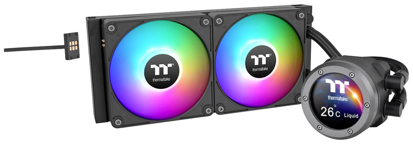 Deux ventilateurs d'ordinateur colorés et une unité de refroidissement à eau circulaire avec un affichage de température de '26°C'. Ils font partie d'un système de refroidissement pour PC.