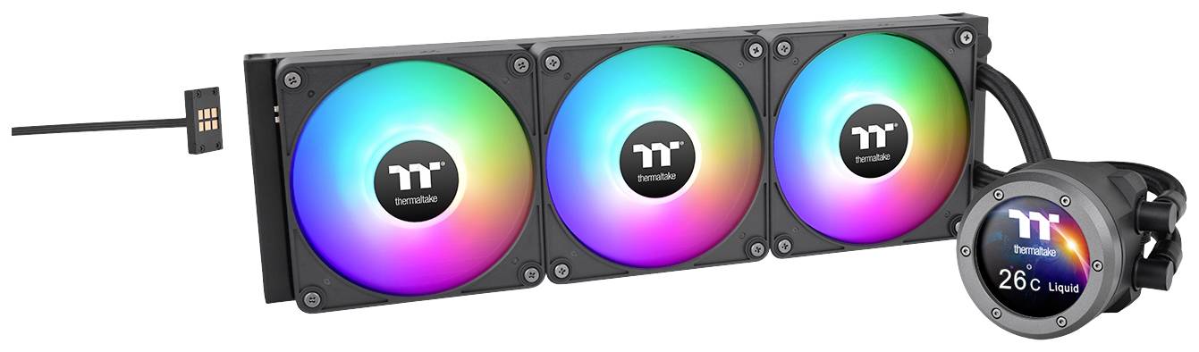 Un refroidisseur à eau pour ordinateur avec trois ventilateurs RGB et un affichage indiquant une température de 26°C. Adapté aux systèmes PC haute performance.