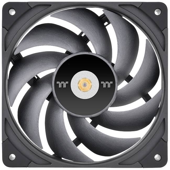 Un ventilateur d'ordinateur noir avec neuf pales de rotor dans un cadre carré, adapté pour le refroidissement dans les ordinateurs ou les machines.