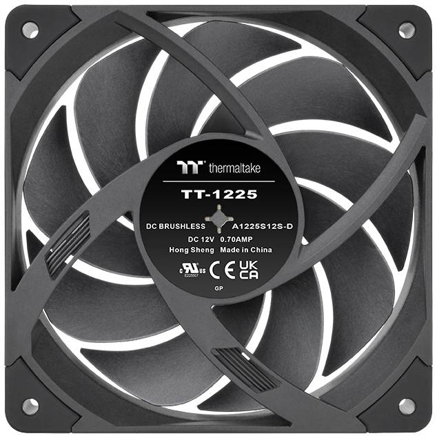 Ventilateur d'ordinateur de Thermaltake, modèle TT-1225, au design noir et blanc avec de nombreuses pales, fabriqué en Chine.