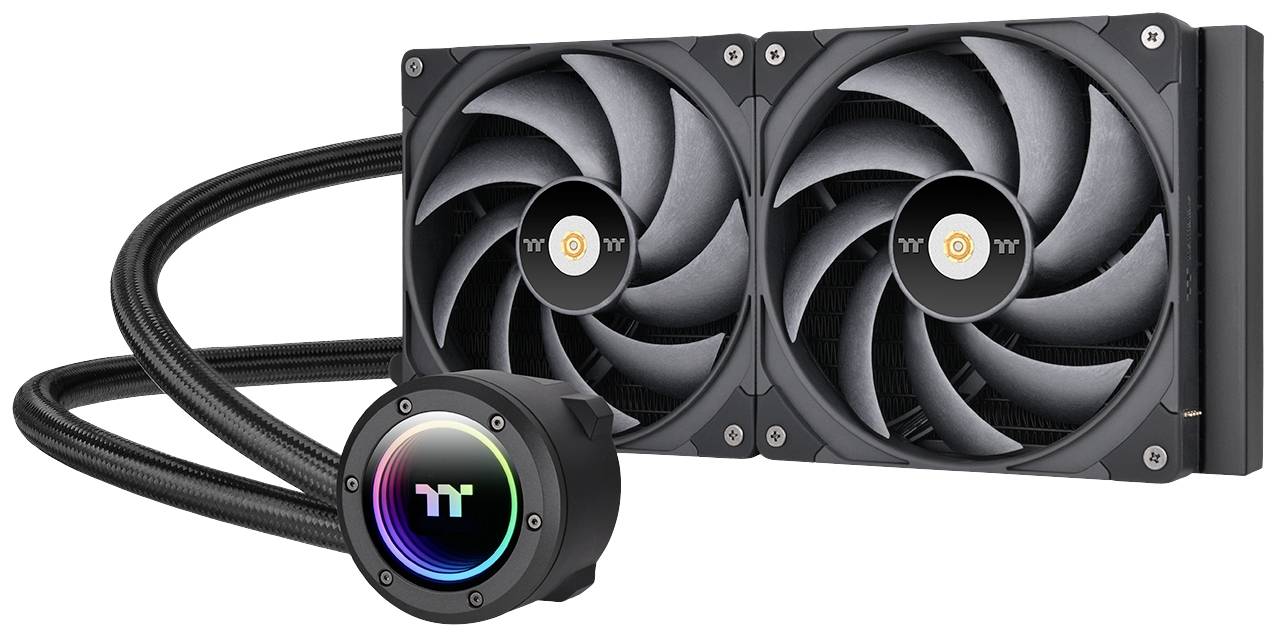 Système de refroidissement liquide avec deux grands ventilateurs et logo RVB, design noir, intégré dans le refroidissement du PC, des tubes reliant les composants.