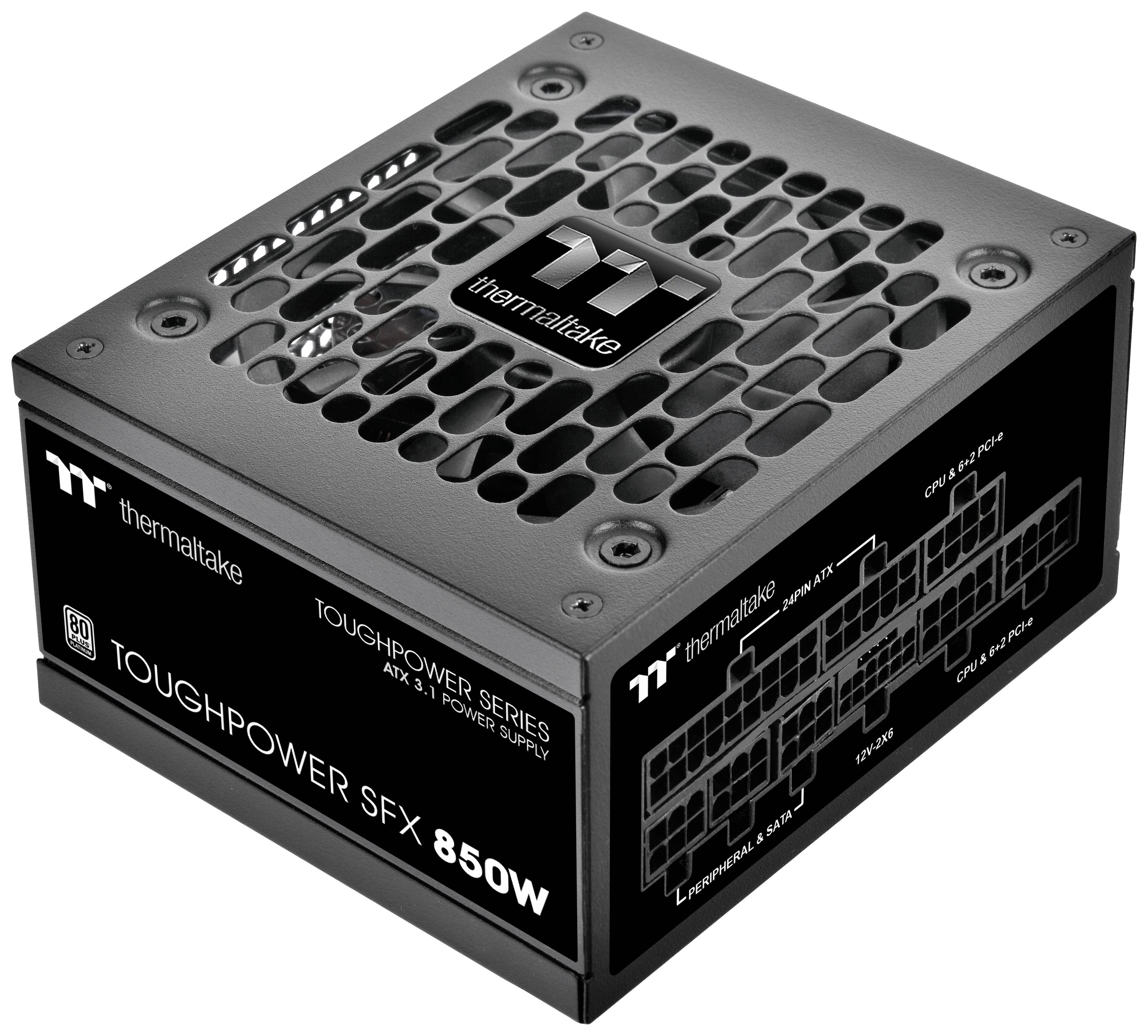 Bloc d'alimentation Thermaltake Toughpower SFX 850W, ATX 3.0, Noir, connexions latérales bien visibles. Design compact et cubique.