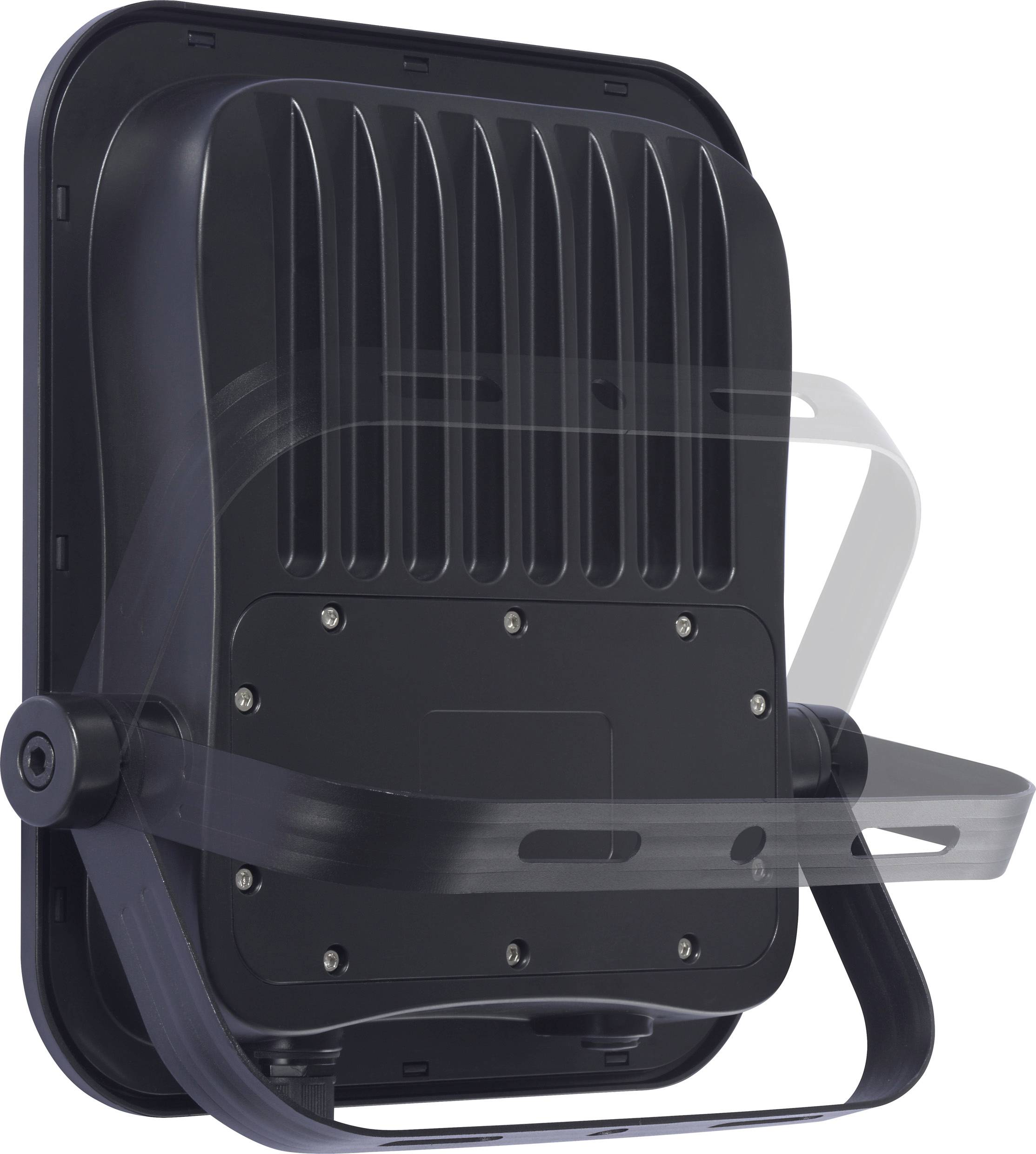 Projecteur d'éclairage LED noir en vue latérale avec rail de montage, adapté à l'éclairage extérieur.