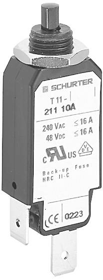 Un interrupteur électrique de SCHURTER avec les indications : 'T11', '211 10A', '240 Vac ≤ 16 A' et '48 Vdc ≤ 16 A'.