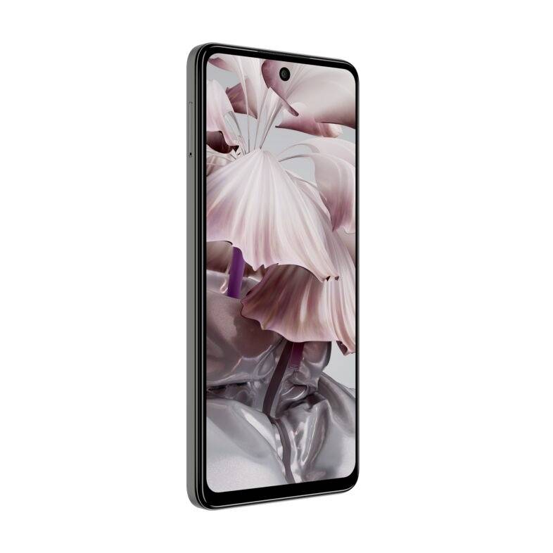 Smartphone avec boîtier noir, présenté de face. L'écran affiche des pétales roses et blancs sur un fond abstrait.