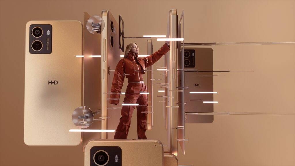 Une personne vêtue d'orange se tient entre plusieurs smartphones verticaux dans une pièce futuriste de couleur orange.