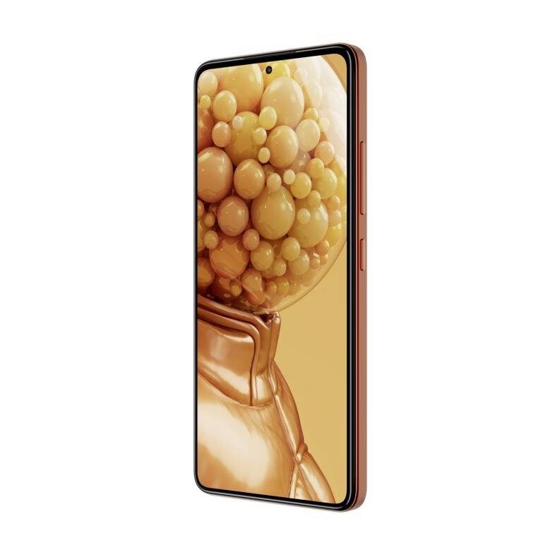 Smartphone avec écran sans bordure dans des tons orangés. L'écran affiche un graphique avec des boules oranges. L'appareil a un cadre fin.