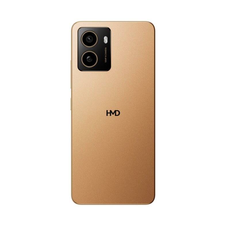 Smartphone doré montré de dos, avec deux caméras et un flash dans le coin supérieur gauche. Le boîtier porte le logo 'HMD'.