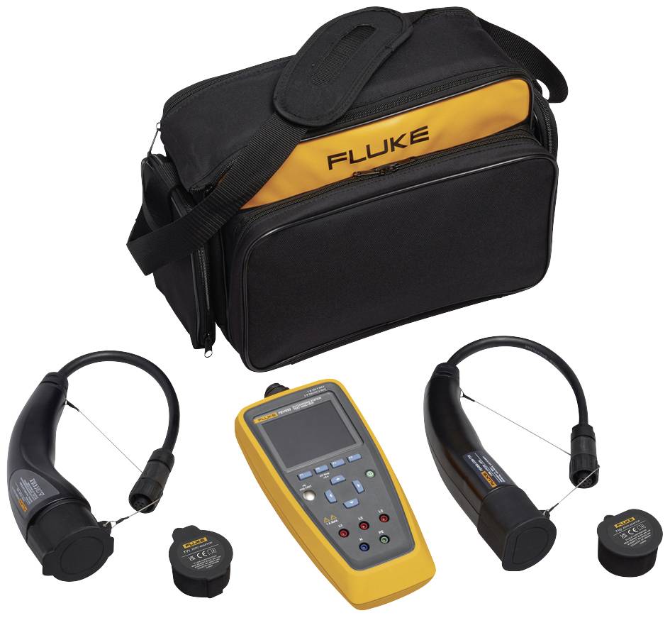 Sacoche de transport contenant un outil de diagnostic et deux capteurs de mesure pour l'électricité. Logo Fluke sur la sacoche et les appareils.