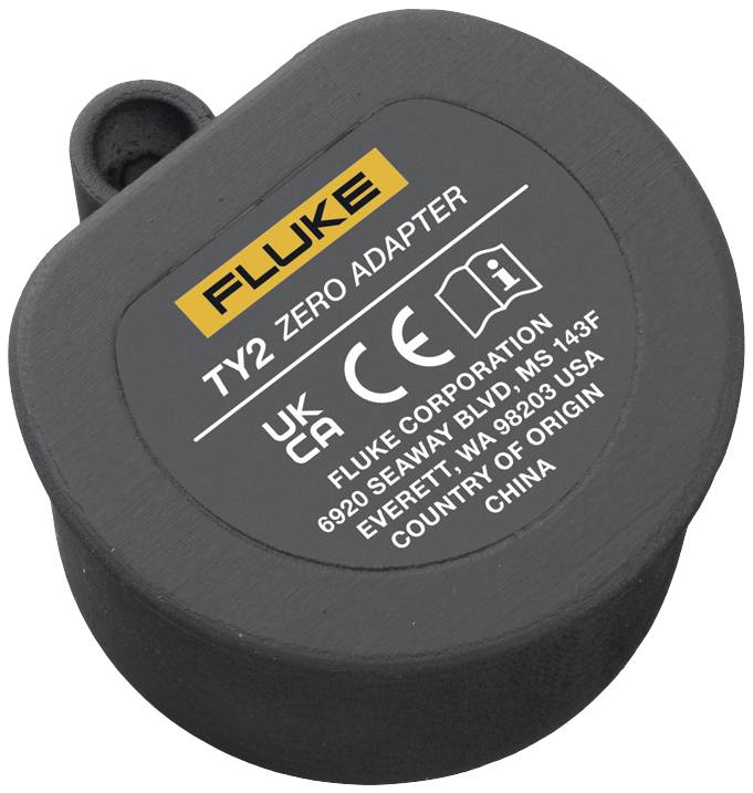 Adaptateur noir portant l'inscription 'FLUKE TY2 ZERO ADAPTER', avec marquages CE et UK-CA, fabricant : Fluke Corporation, origine : Chine.