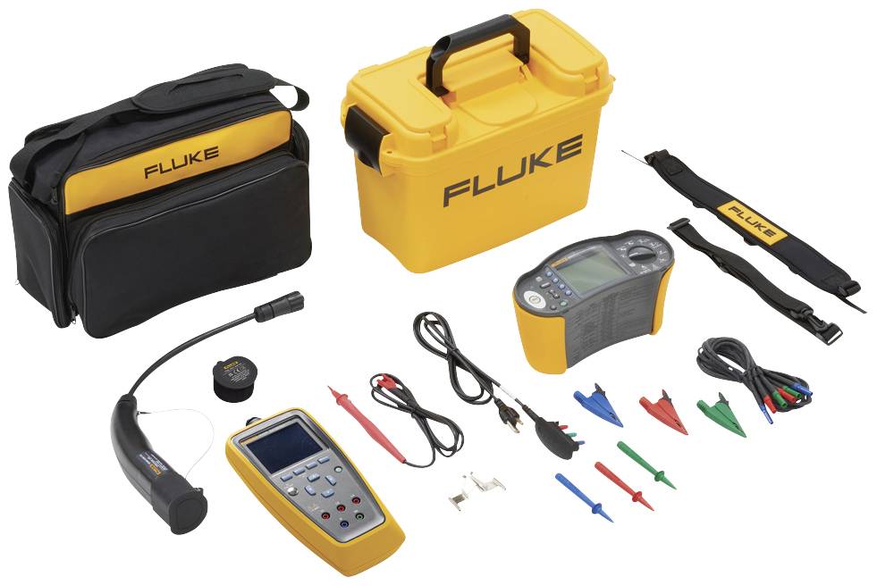 Divers outils électriques Fluke jaunes et noirs et accessoires, incluant des appareils de mesure, des câbles et un sac de transport.