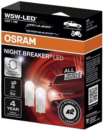 L'emballage présente des ampoules LED OSRAM NIGHT BREAKER pour automobiles. Convient à tous les modèles de véhicules. Jusqu'à 5 fois plus de lumière, 4 ans de garantie.