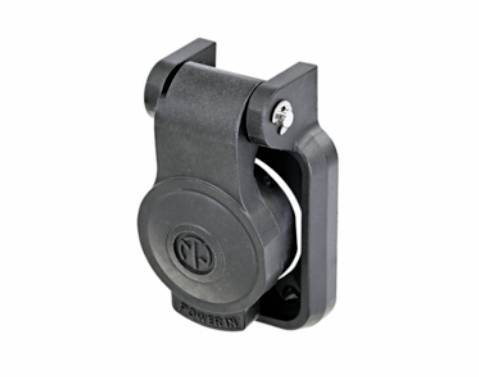 Prise électrique ronde noire avec capuchon de protection et un symbole à l'avant, adaptée aux environnements difficiles.