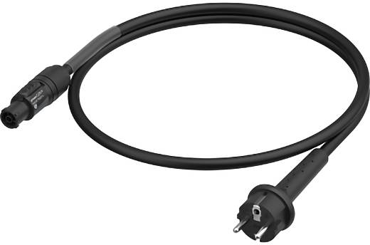 Un câble d'alimentation noir avec une extrémité équipée d'un connecteur circulaire et l'autre extrémité munie d'une fiche standard, adapté aux appareils électriques.
