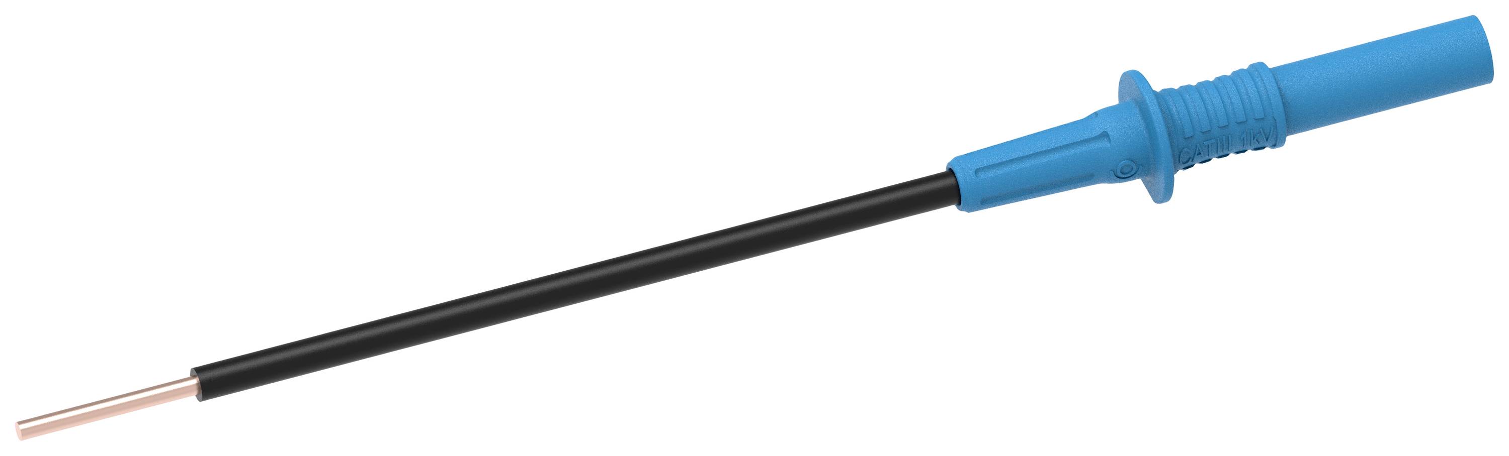 Un adaptateur de test bleu avec une pointe métallique pour des mesures électriques.