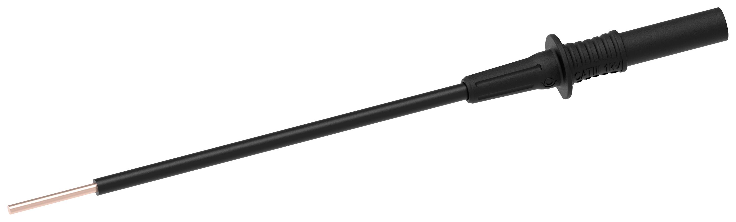 Pointe de test noire avec une longue tige droite et une pointe métallique apparente à l'extrémité, typiquement utilisée pour les mesures électroniques.
