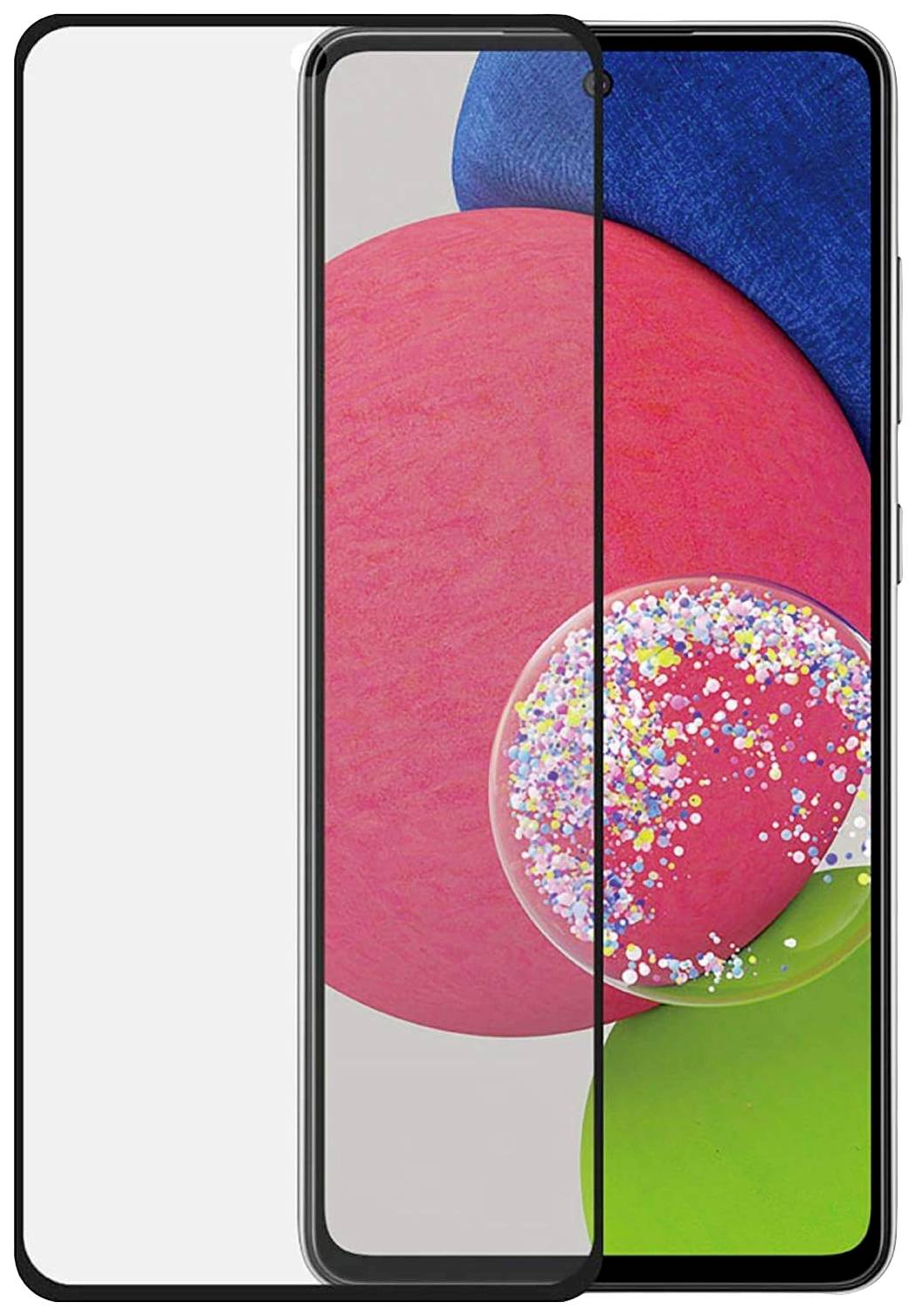 Smartphone avec un écran coloré et un film de protection d'écran. Les couleurs sont vives, avec un accent sur le rouge, le rose et le vert.