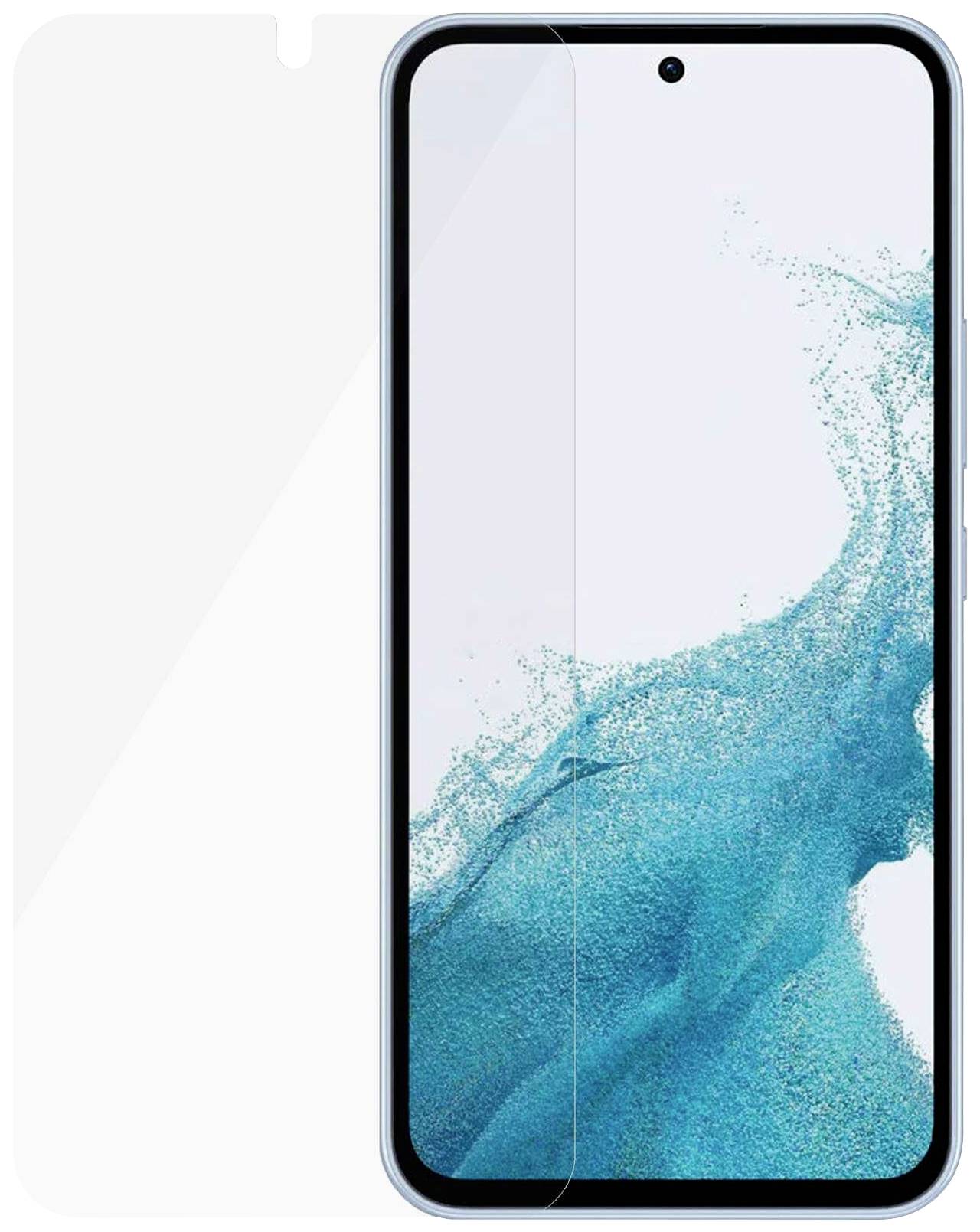 Smartphone avec un graphisme de fond abstrait bleu sur l'écran. Une vitre de protection transparente est posée à côté.
