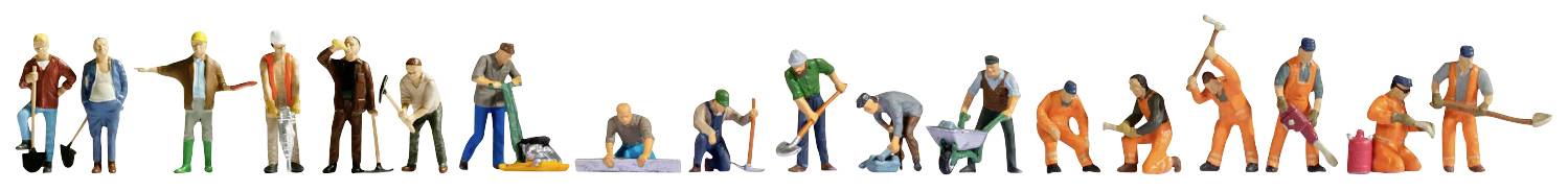 Une série de figurines représentant des personnes au travail dans différentes poses, incluant des ouvriers du bâtiment et des artisans.