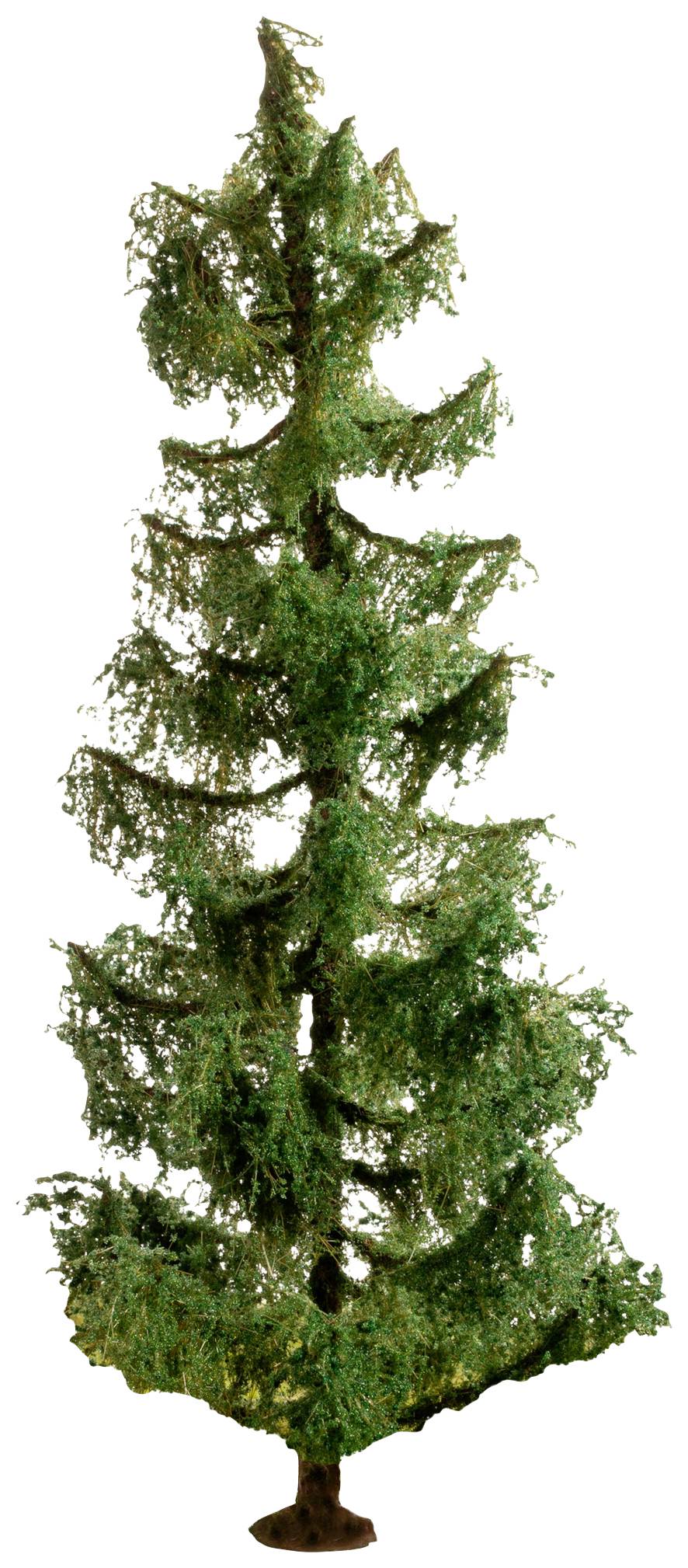 Un sapin artificiel unique aux aiguilles vertes et au tronc brun se dresse devant un fond blanc.