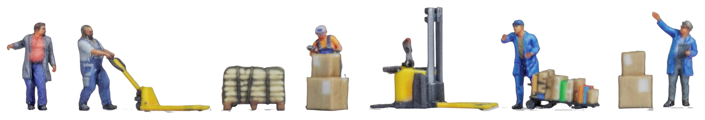 Des figurines miniatures représentent des ouvriers d'entrepôt effectuant diverses tâches telles que le transport, l'empilage et la conduite d'un chariot élévateur.