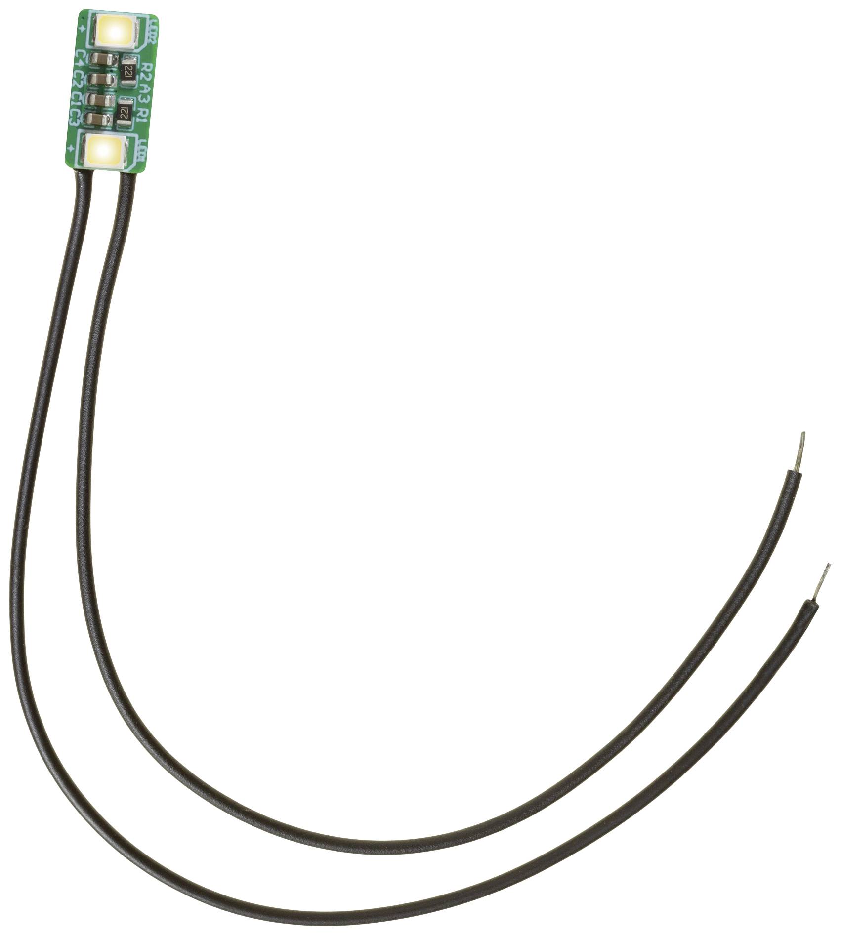 Un petit circuit électronique avec deux LED luminescentes et deux câbles noirs pour l'alimentation électrique.