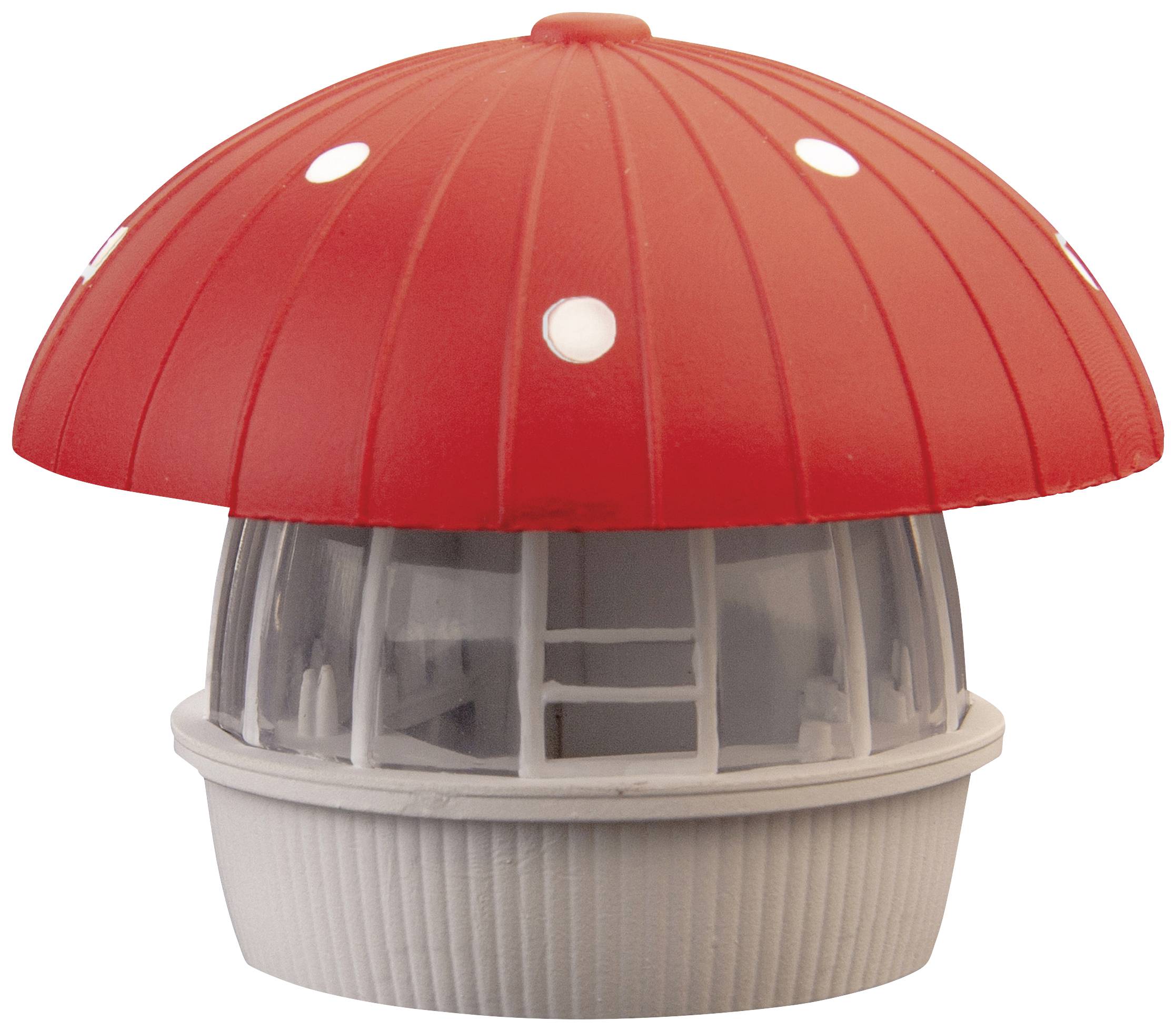 Une serre miniature ronde en forme de champignon avec un toit rouge et des points blancs, adaptée à la culture intérieure de petites plantes.