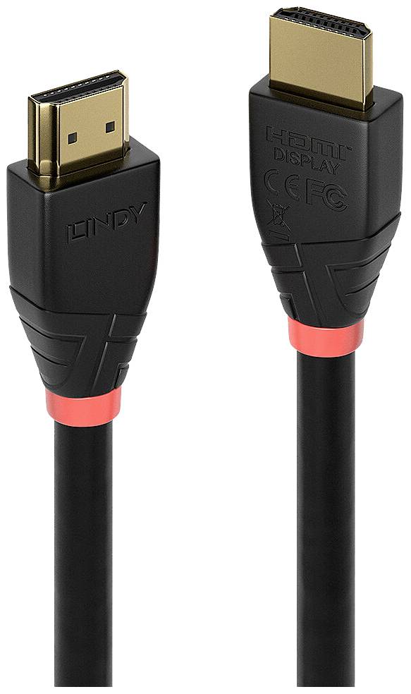 Deux câbles HDMI noirs avec des accents rouges, chacun orienté avec les fiches vers le haut. Ils sont adaptés pour la transmission audio et vidéo.