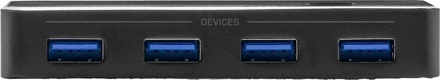 Barre USB noire avec quatre ports USB bleus, portant l'inscription « DEVICES ».