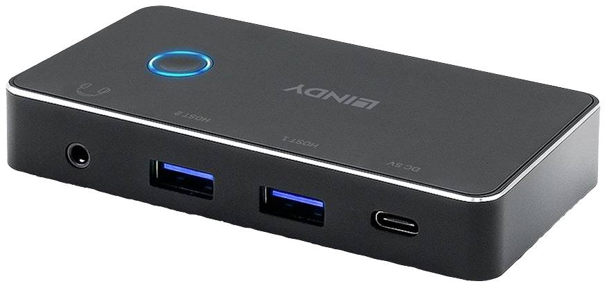 Hub USB noir avec deux ports USB, un port USB-C et un bouton lumineux bleu sur le dessus.