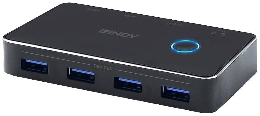 Un hub USB noir avec quatre ports USB bleus et un bouton éclairé sur le dessus.