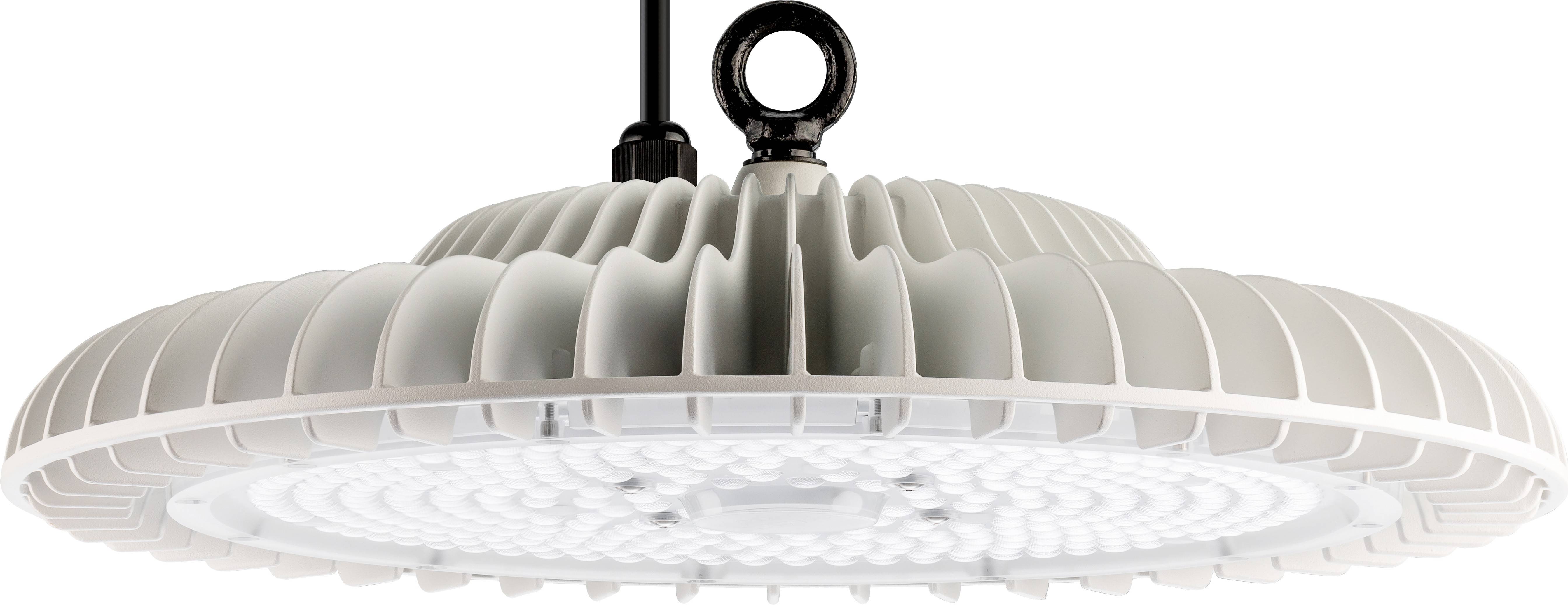 Lampe industrielle avec boîtier annulaire et structure de surface rappelant des ailettes de refroidissement. Dispositif de suspension avec œillet visible.