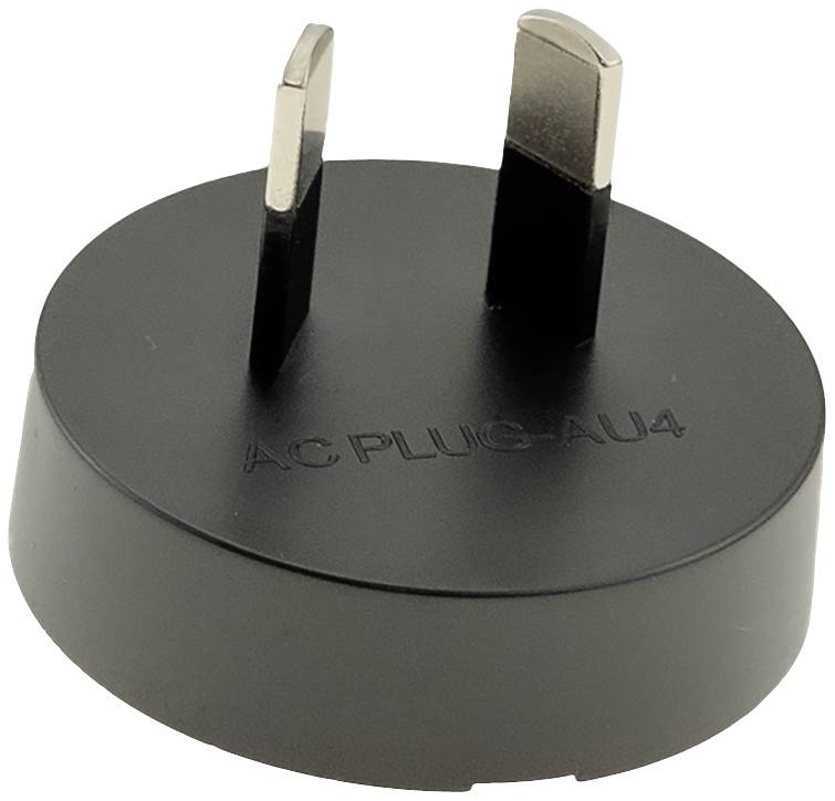 Une fiche électrique adaptateur noire avec deux broches métalliques plates, marquée 'AC PLUG-AU4'.